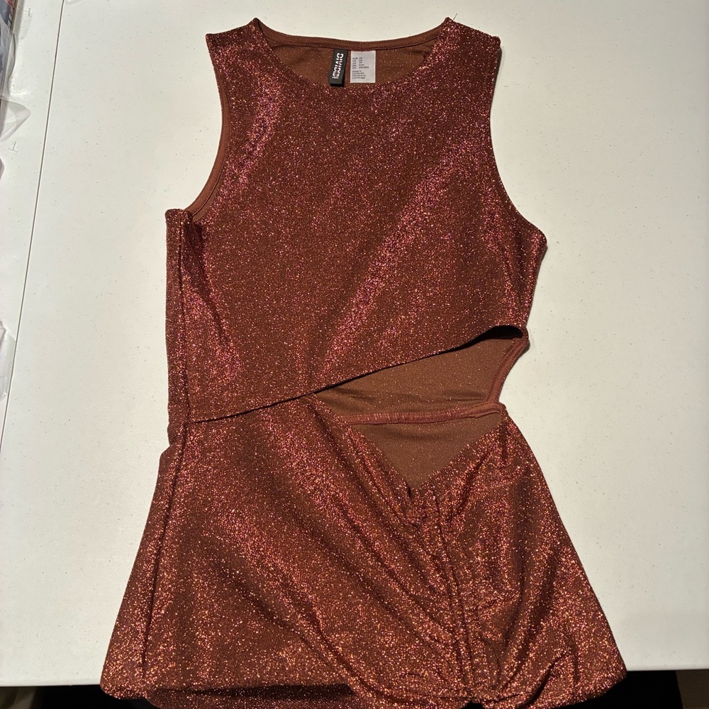 H&M Divided Ruched Cutout Mini Dress in Sparkly Brown Copper Size XS - Picture 3 of 8